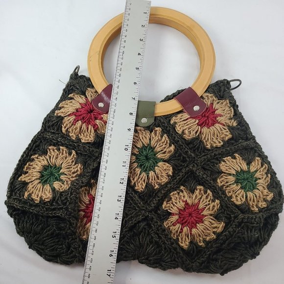 Jute Floral Crochet Handbag Purse Tote Boho Flowers Patchwork Wood Handle Bag - Picture 13 of 14